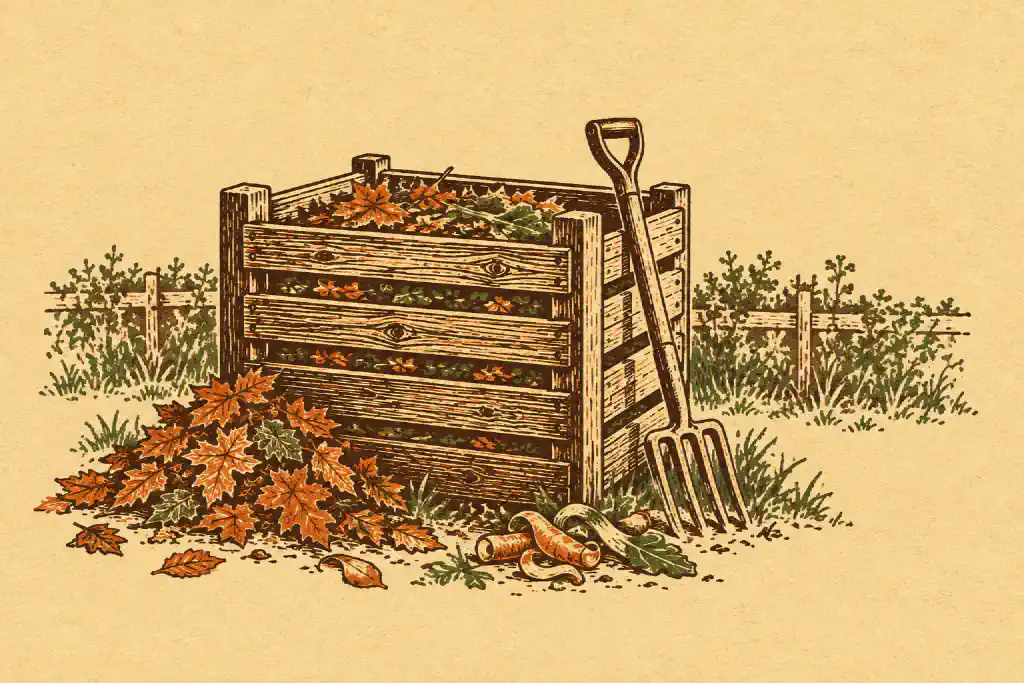 Linocut print of a wooden slatted compost bin with a fork leaning on it, fall leaves on one side and peelings on the other.