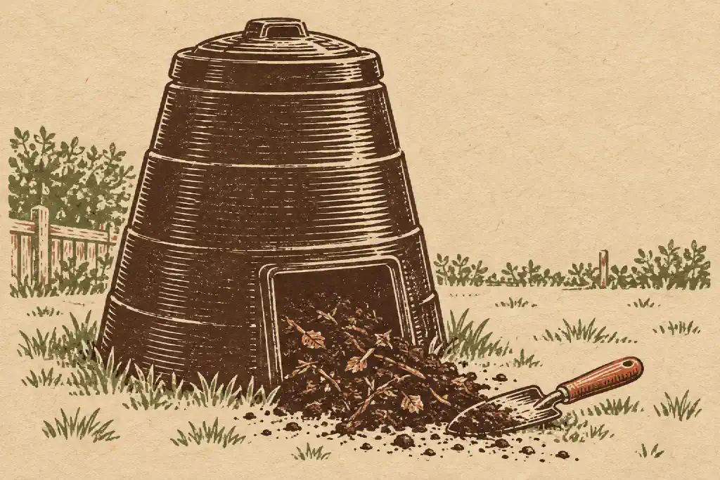 Linocut print of a black cone-shaped plastic compost bin with compost spilling from its bottom hatch and a trowel nearby.