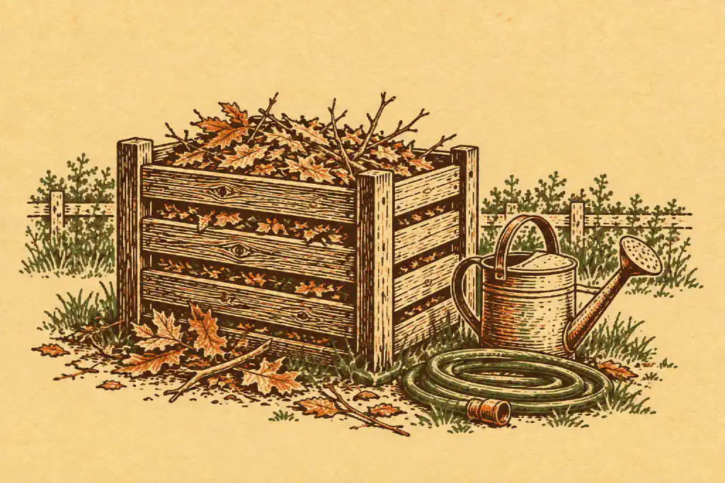 Linocut print of a wooden compost bin full of dry leaves and twigs, with a watering can and a coiled hose beside it.