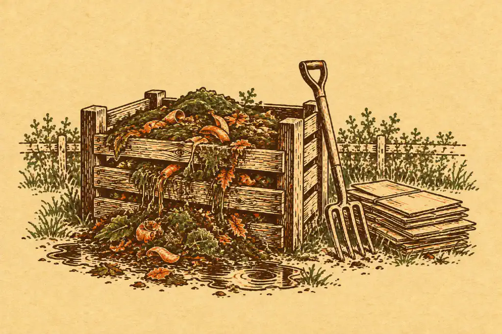 Linocut print of a slumped, soggy compost pile in a wooden bin with puddles, a fork and a stack of cardboard.