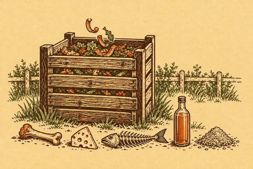 Linocut print of a compost bin with a bone, cheese, a fish skeleton, a bottle of oil and cat litter set aside in front of it.